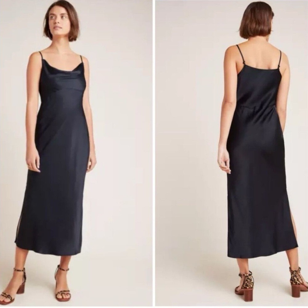 ANTHROPOLOGIE | NWT Woman's Black Elyse Cowl Slip Silk Sleeveless Midi Dress, XS